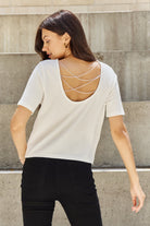 And The Why Pearly White Full Size Criss Cross Pearl Detail Open Back T-Shirt Trendsi