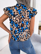 Leopard Tie Neck Cap Sleeve Blouse Trendsi