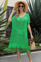 Double Take Eyelet Fringe Hem Longline Knit Cover Up Trendsi