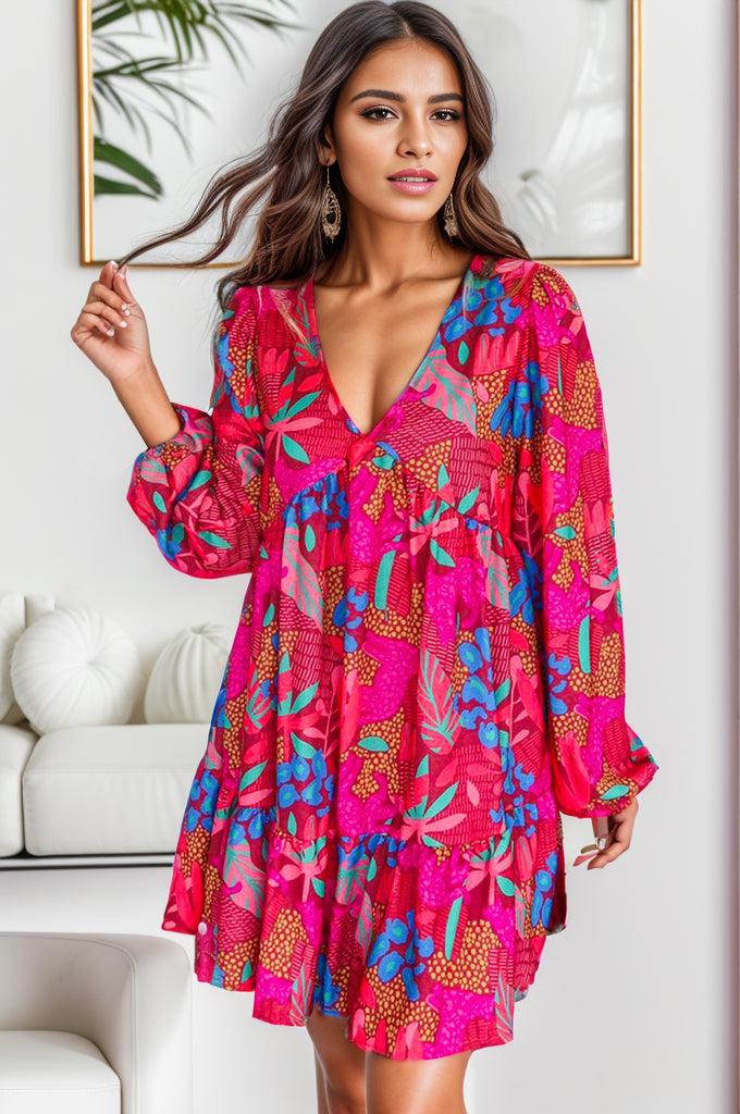 Printed Balloon Sleeve Mini Dress Trendsi