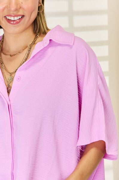 Zenana Texture Button Up Short Sleeve High-Low Shirt Trendsi