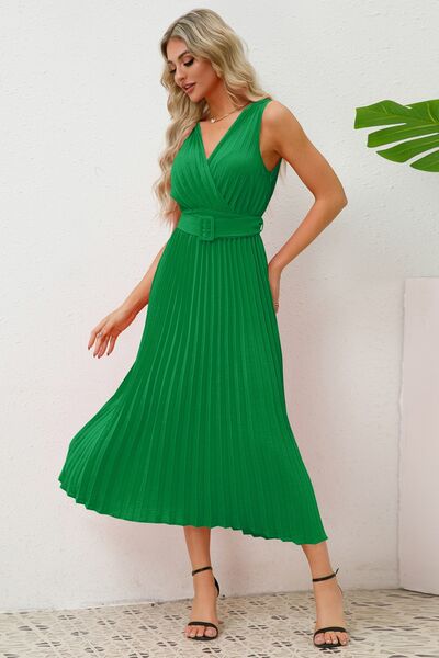 Surplice Sleeveless Midi Pleated Dress Trendsi