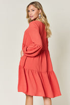 Double Take Full Size V-Neck Balloon Sleeve Tiered Dress Trendsi