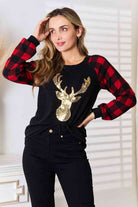Heimish Full Size Sequin Reindeer Graphic Plaid Top Trendsi
