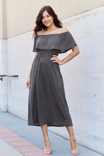 e.Luna My Best Angle Geometric Pattern Off The Shoulder Midi Dress in Black e.Luna