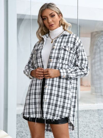 Plaid Pocketed Button Up Dropped Shoulder Jacket Trendsi