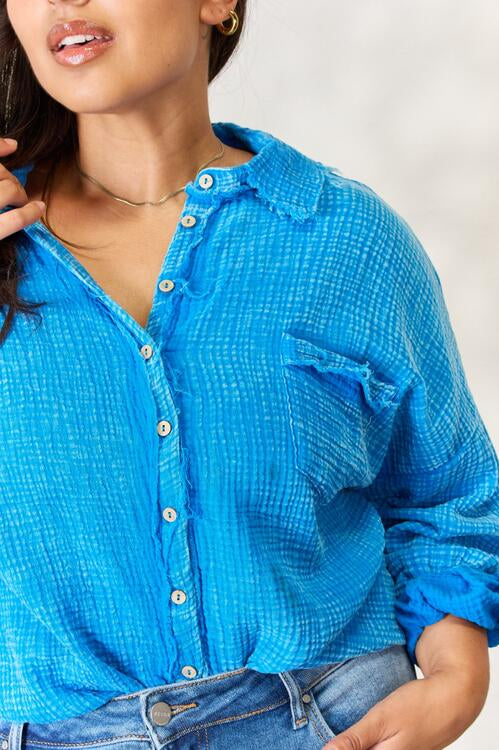 Zenana Full Size Washed Raw Trim Button Down Shirt Trendsi