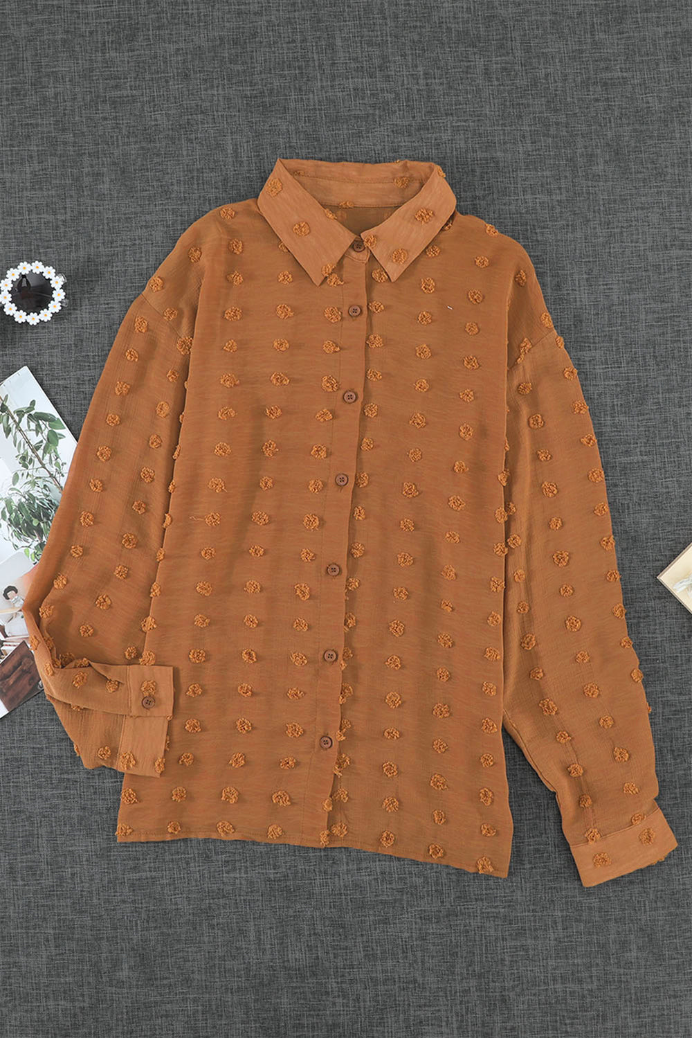 Swiss Dot Button Up Long Sleeve Shirt Trendsi