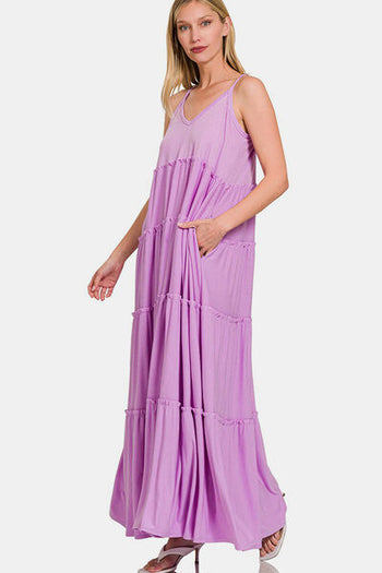 Zenana Frill Tiered V-Neck Maxi Cami Dress Trendsi