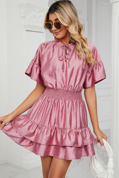 Smocked Tie Neck Flounce Sleeve Dress Trendsi