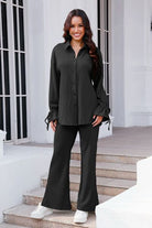 Drawstring Flounce Sleeve Shirt and Pants Set Trendsi