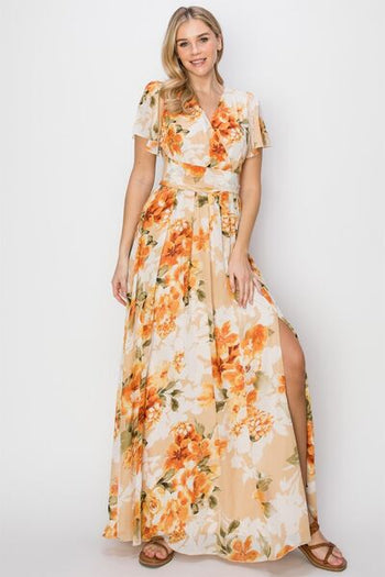 HYFVE Floral Tie Back Short Sleeve Slit Maxi Dress Trendsi