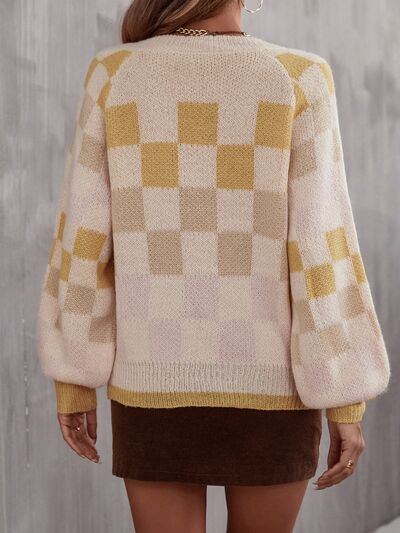 Checkered V-Neck Lantern Sleeve Sweater Trendsi