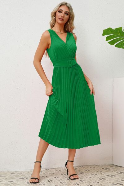 Surplice Sleeveless Midi Pleated Dress Trendsi