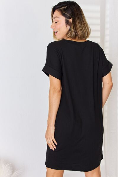 Zenana Full Size Rolled Short Sleeve V-Neck Dress Trendsi