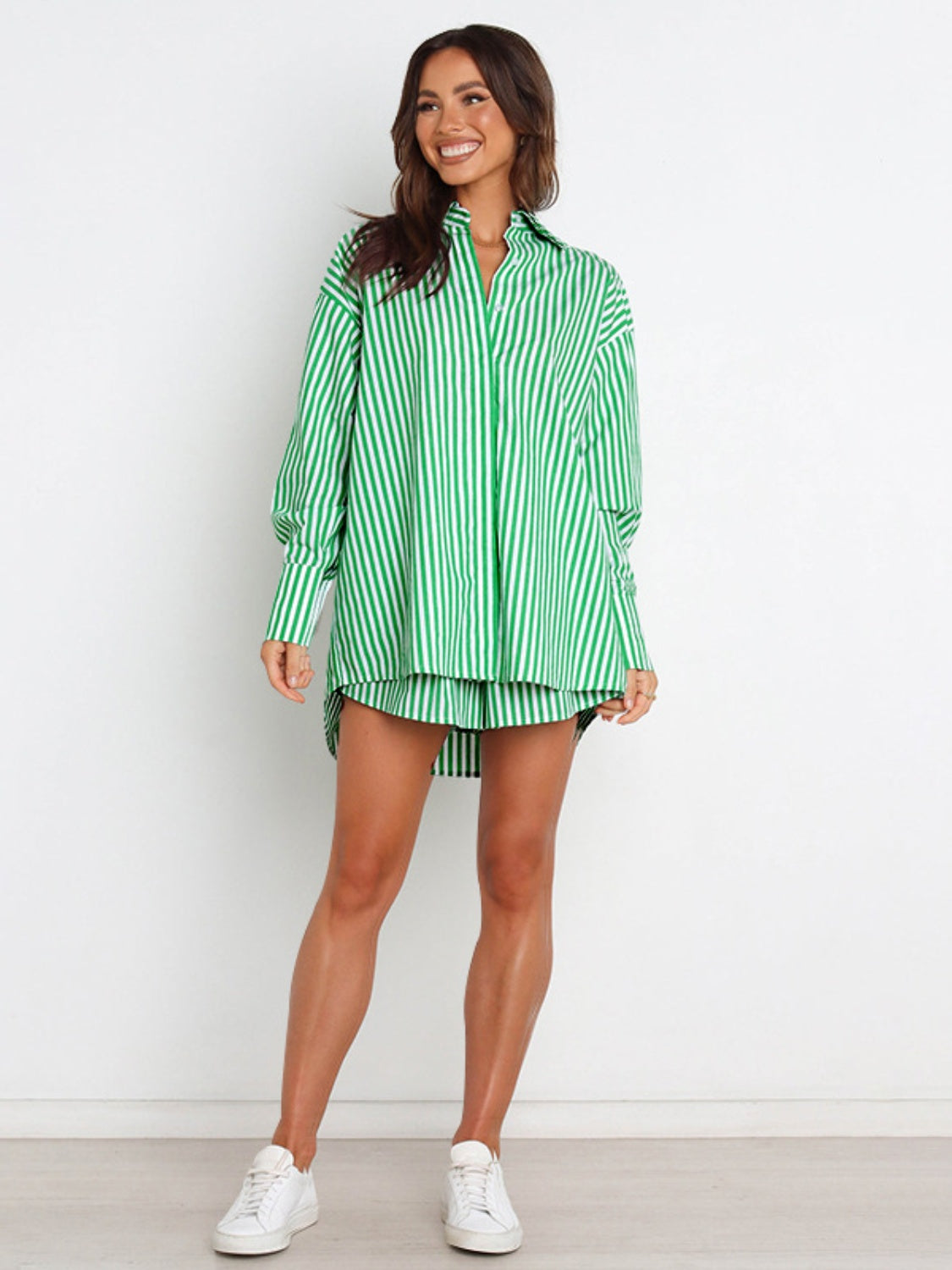 Striped Dropped Shoulder Shirt and Shorts Set Trendsi