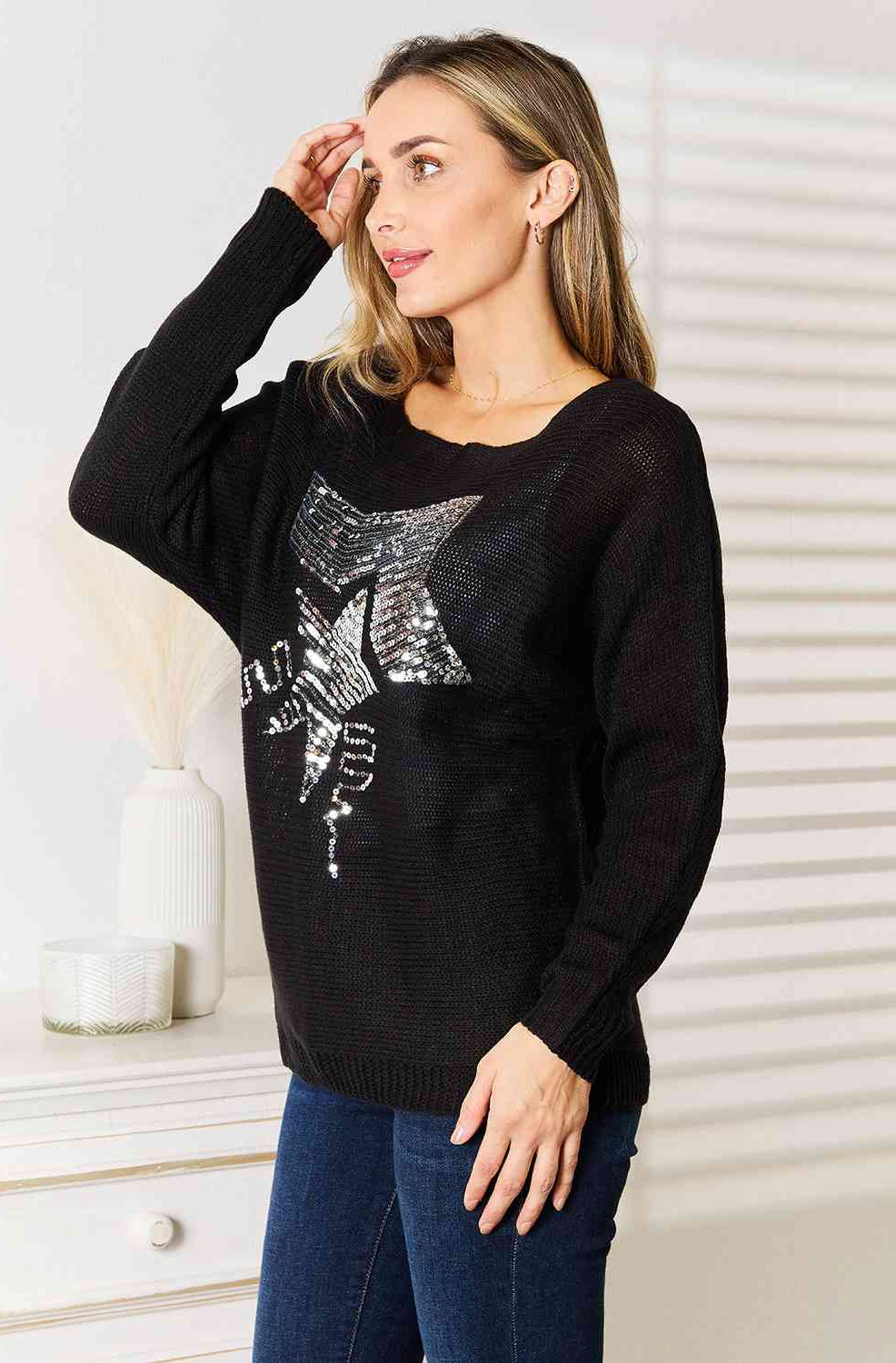 Double Take Sequin Graphic Dolman Sleeve Knit Top Double Take