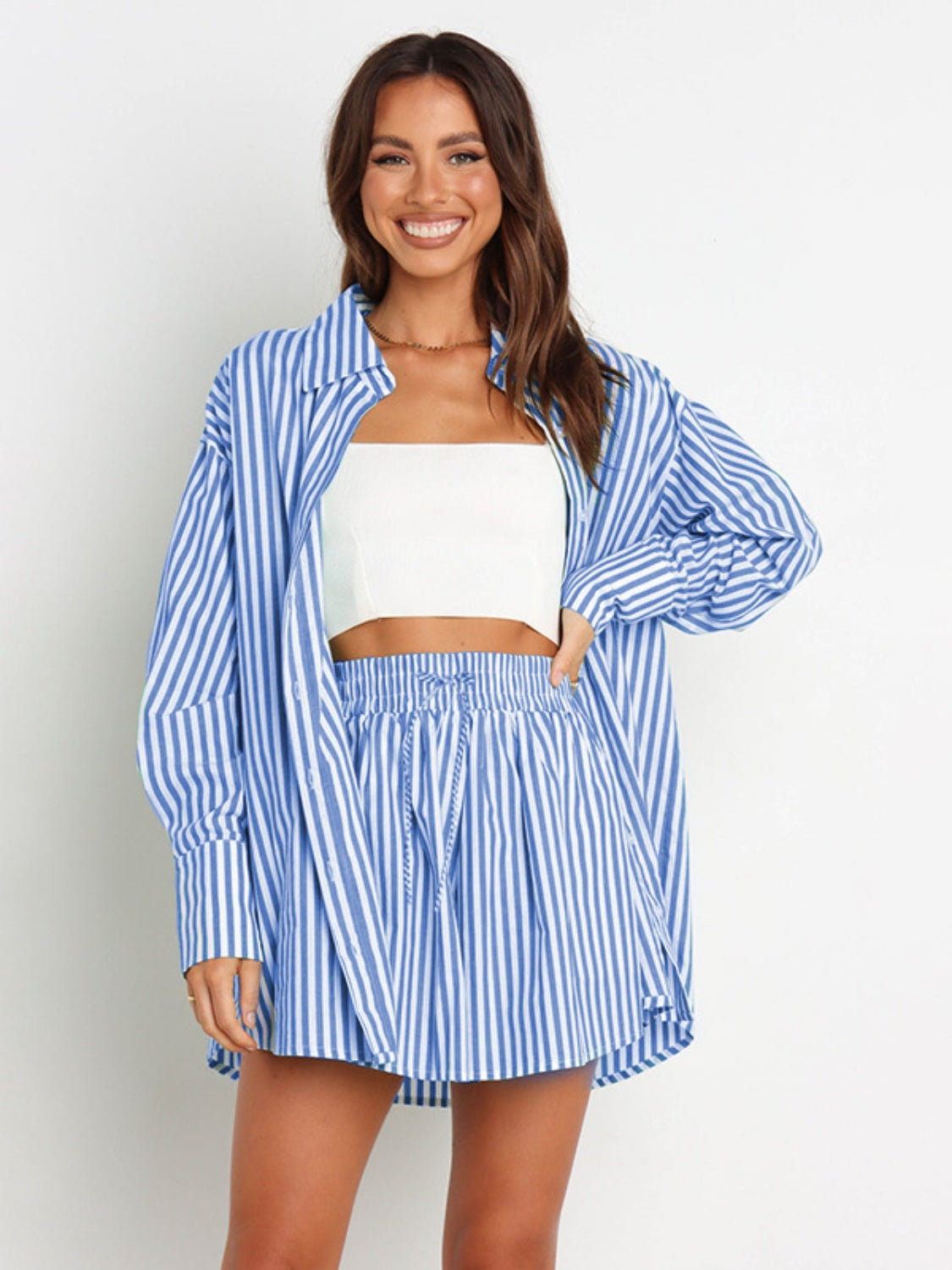 Striped Dropped Shoulder Shirt and Shorts Set Trendsi