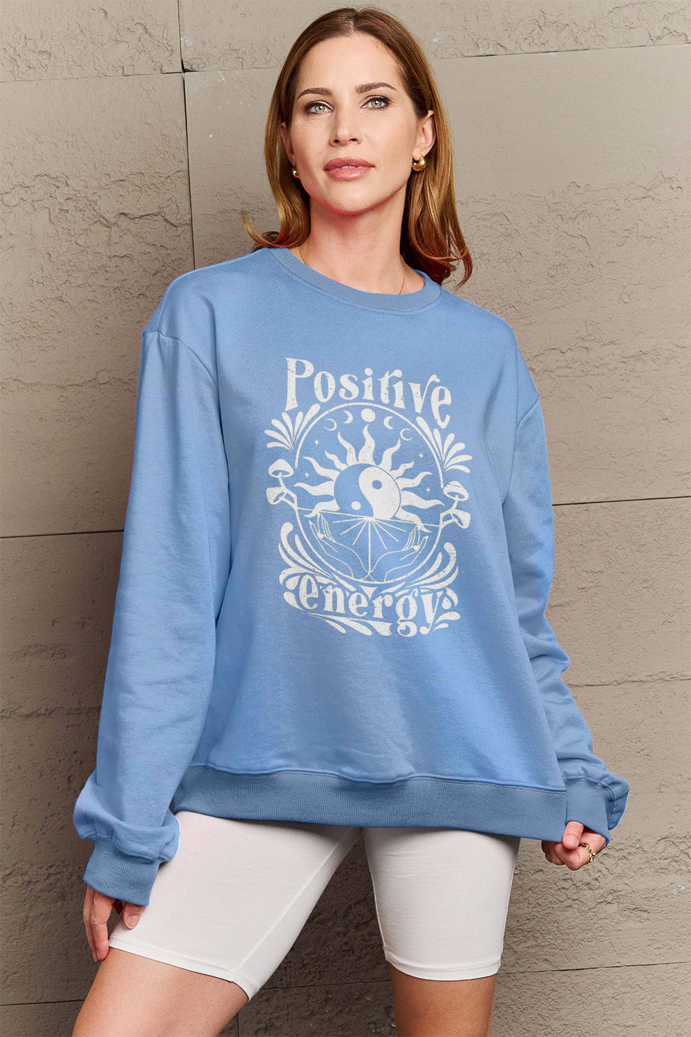 Simply Love Full Size POSITIVE ENERGY Graphic Sweatshirt Trendsi