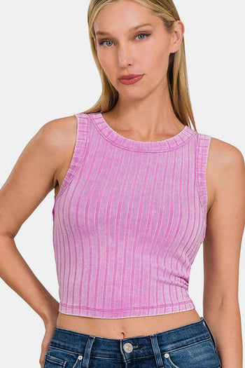 Zenana Ribbed Round Neck Cropped Tank Trendsi