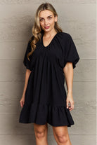Hailey & Co Comfort Cutie Double V-Neck Puff Sleeve Mini Dress Trendsi