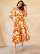 Printed Off-Shoulder Balloon Sleeve Dress Trendsi