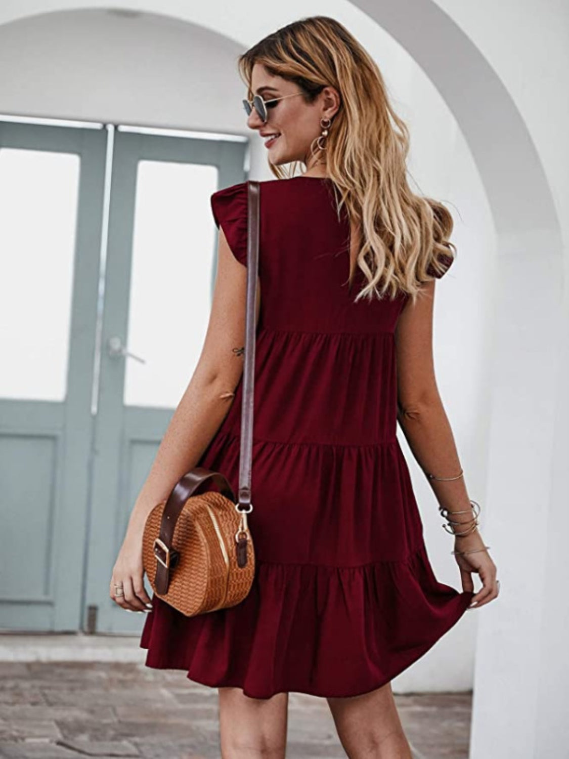 Ruffled Round Neck Cap Sleeve Mini Dress Trendsi