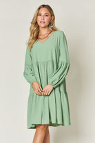 Double Take Full Size V-Neck Balloon Sleeve Tiered Dress Trendsi