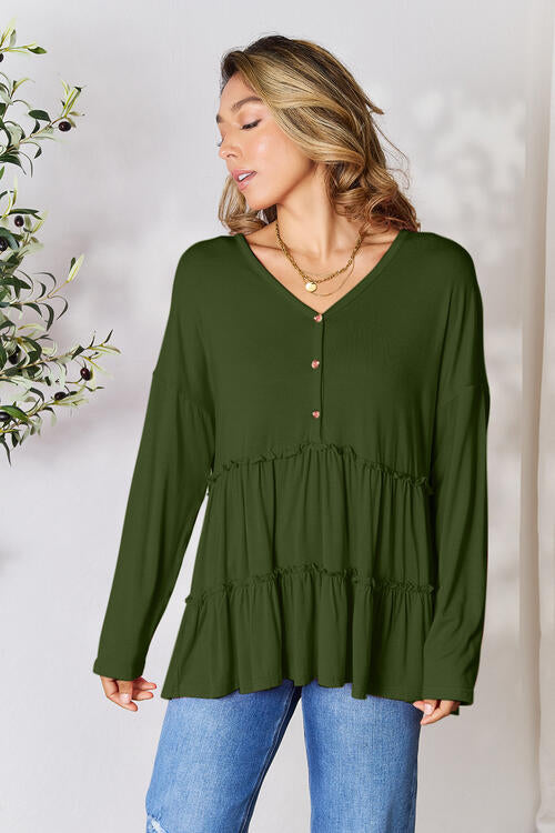 Double Take Half Button Long Sleeve Ruffle Hem Blouse Trendsi