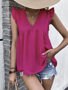 Ruffled V-Neck Cap Sleeve Blouse Trendsi