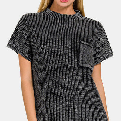 Zenana Pocketed Mock Neck Short Sleeve Sweater Trendsi