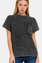 Zenana Pocketed Mock Neck Short Sleeve Sweater Trendsi