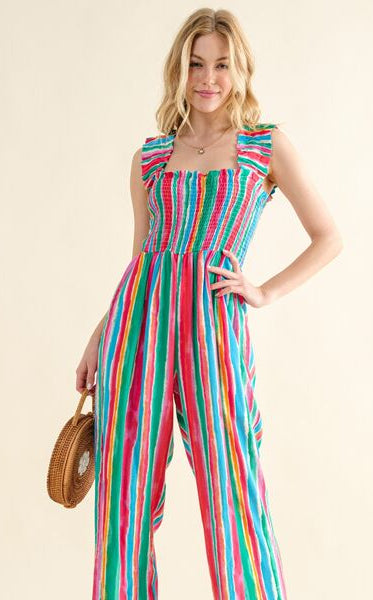 And The Why Full Size Striped Smocked Sleeveless Jumpsuit Trendsi