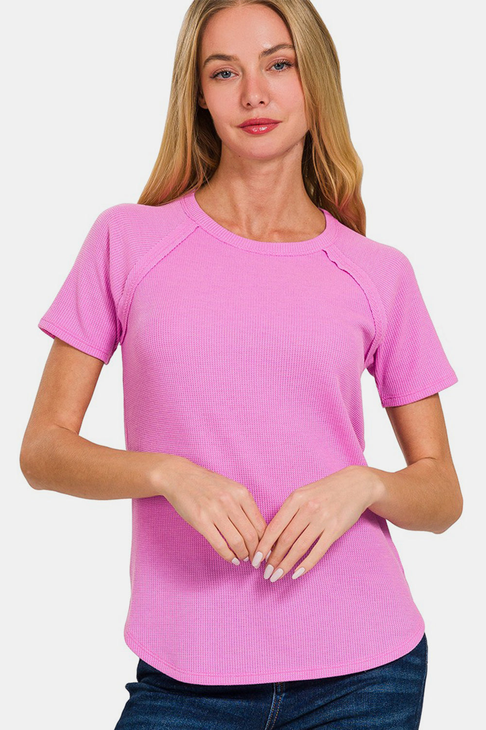 Zenana Round Neck Short Sleeve Waffle T-Shirt Trendsi