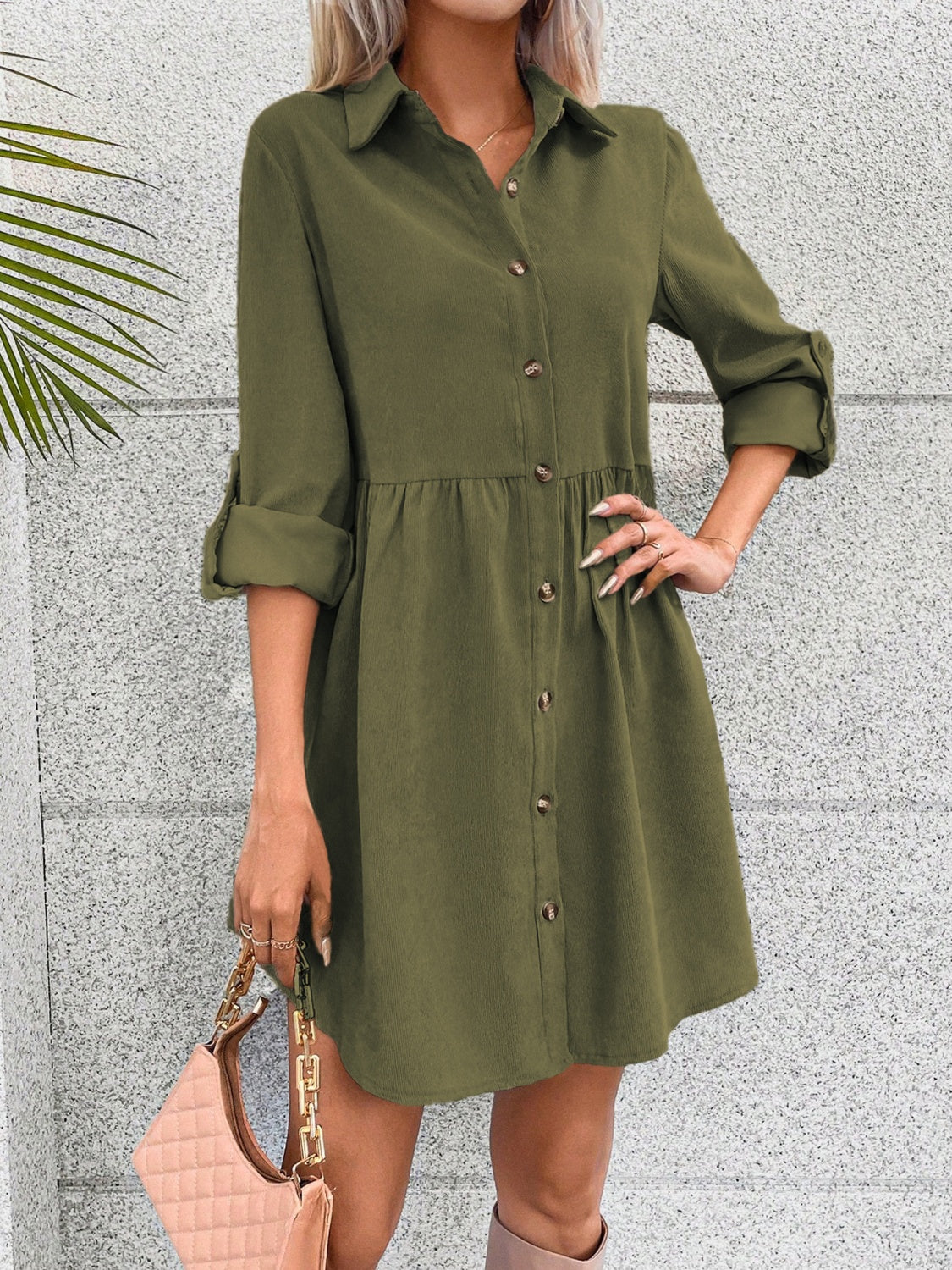 Button Up Collared Neck Long Sleeve Dress Trendsi