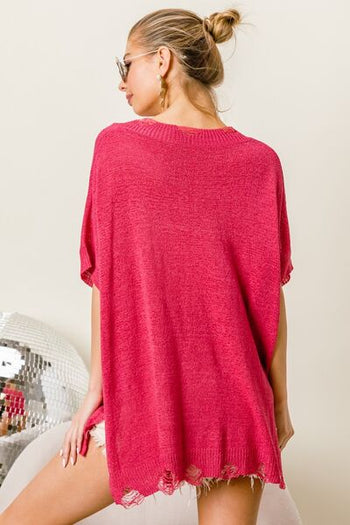 BiBi Distressed Hem V-Neck Slit Sweater Trendsi