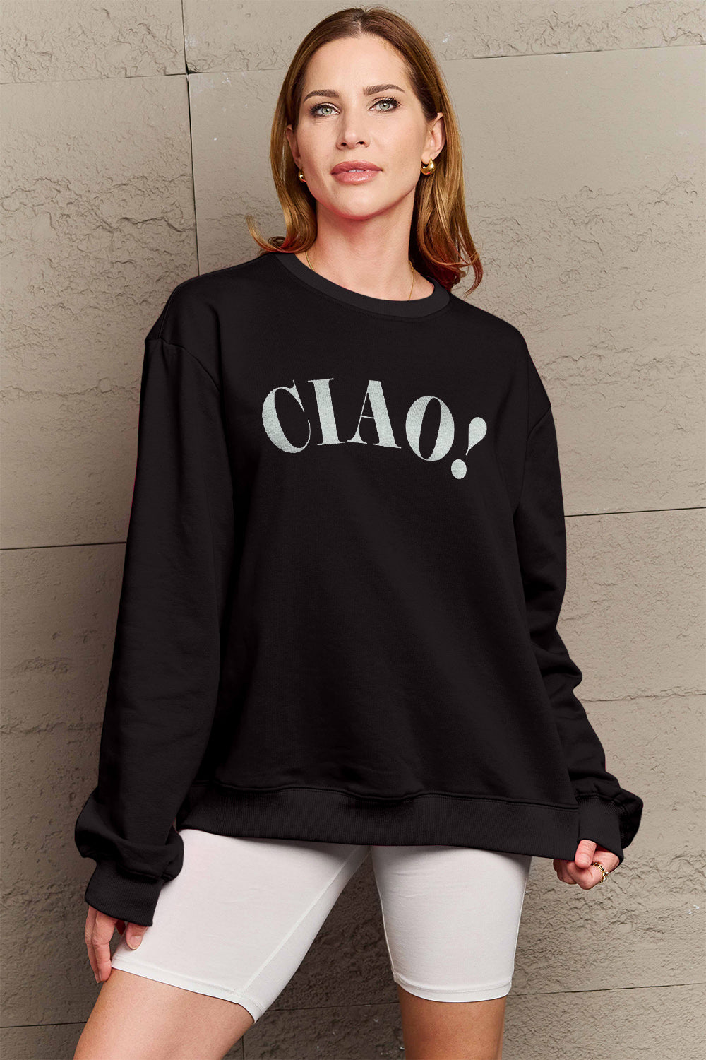 Simply Love Full Size CIAO！Round Neck Sweatshirt Trendsi