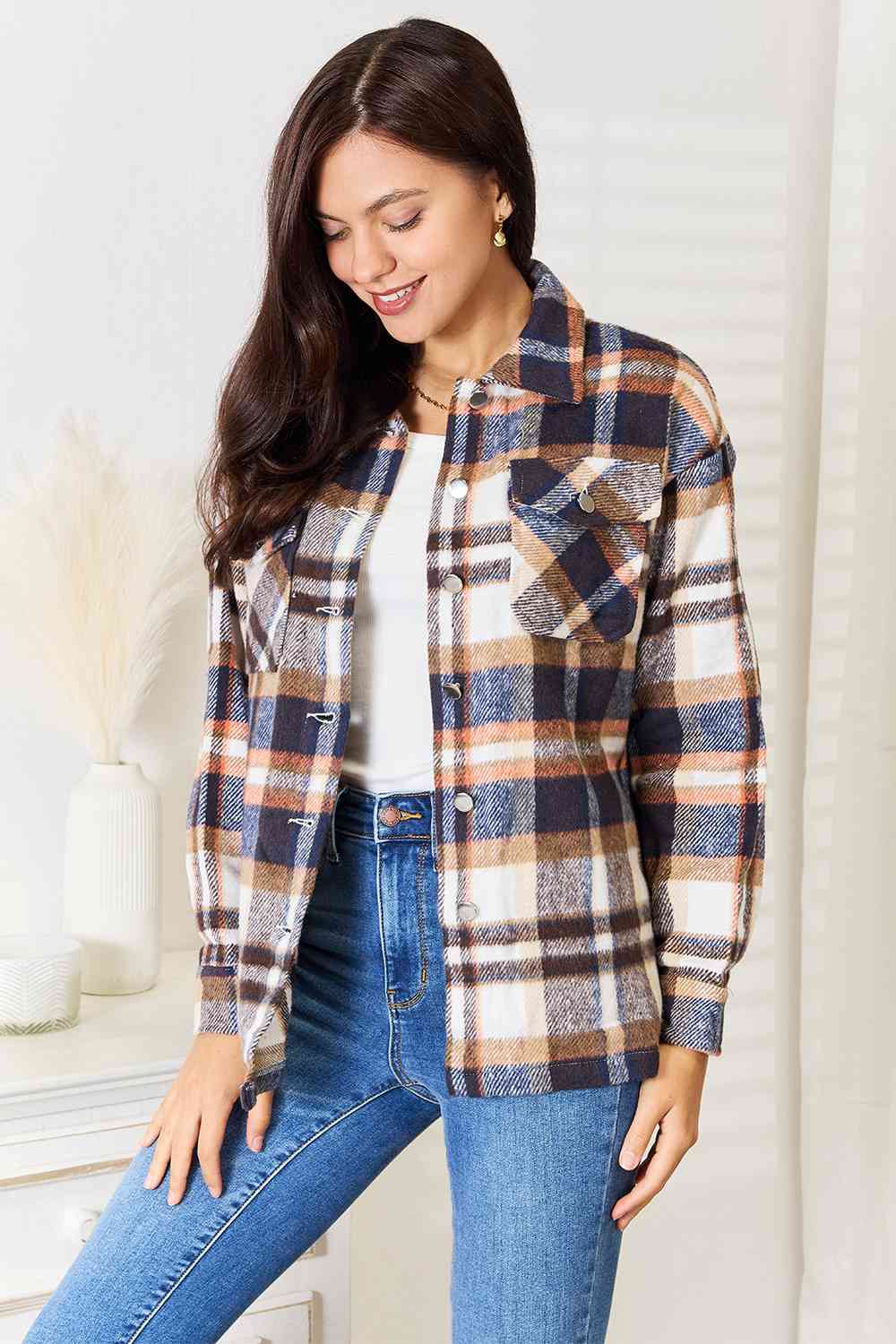 Double Take Plaid Button Front Shirt Jacket with Breast Pockets Double Take