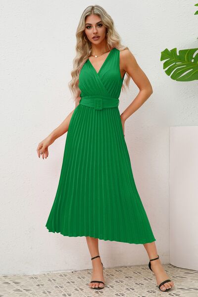 Surplice Sleeveless Midi Pleated Dress Trendsi