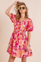 BiBi Floral V-Neck Puff Sleeve Mini Dress Trendsi