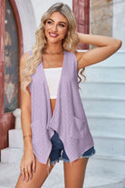 Eyelet Open Front Sleeveless Cardigan Trendsi