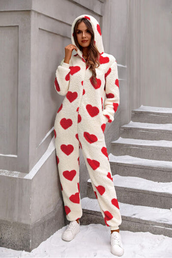 Fuzzy Heart Zip Up Hooded Lounge Jumpsuit Trendsi