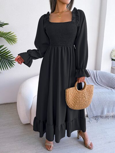 Smocked Square Neck Flounce Sleeve Dress Trendsi