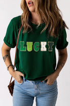 LUCKY Round Neck Short Sleeve T-Shirt Trendsi