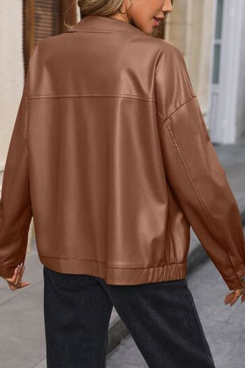 Pocketed Zip Up Collared Neck Jacket Trendsi