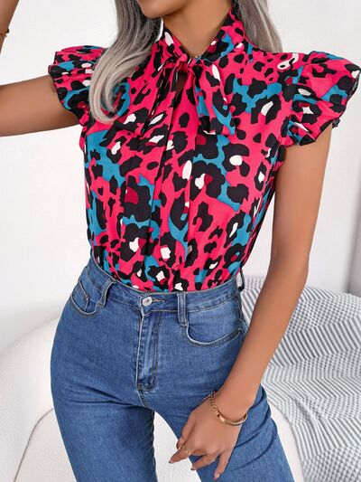 Leopard Tie Neck Cap Sleeve Blouse Trendsi