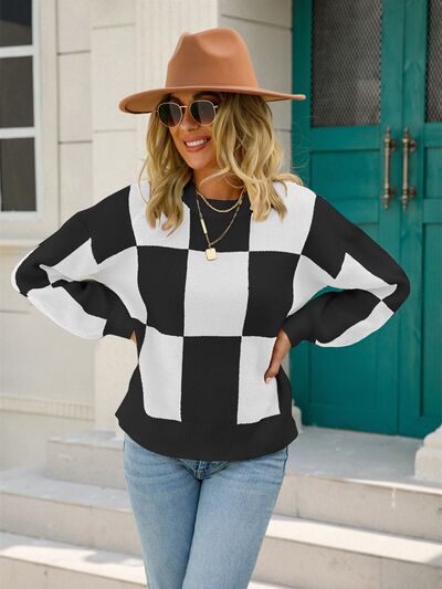 Checkered Round Neck Dropped Shoulder Sweater Trendsi