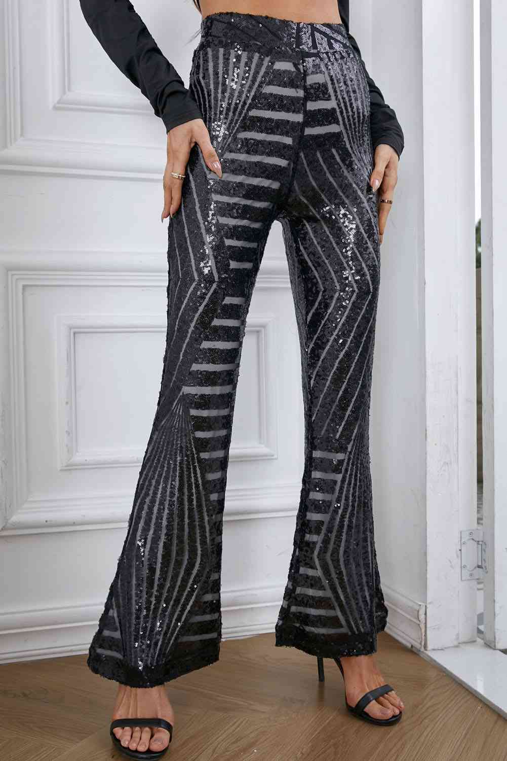 Double Take Sequin High Waist Flared Pants Trendsi