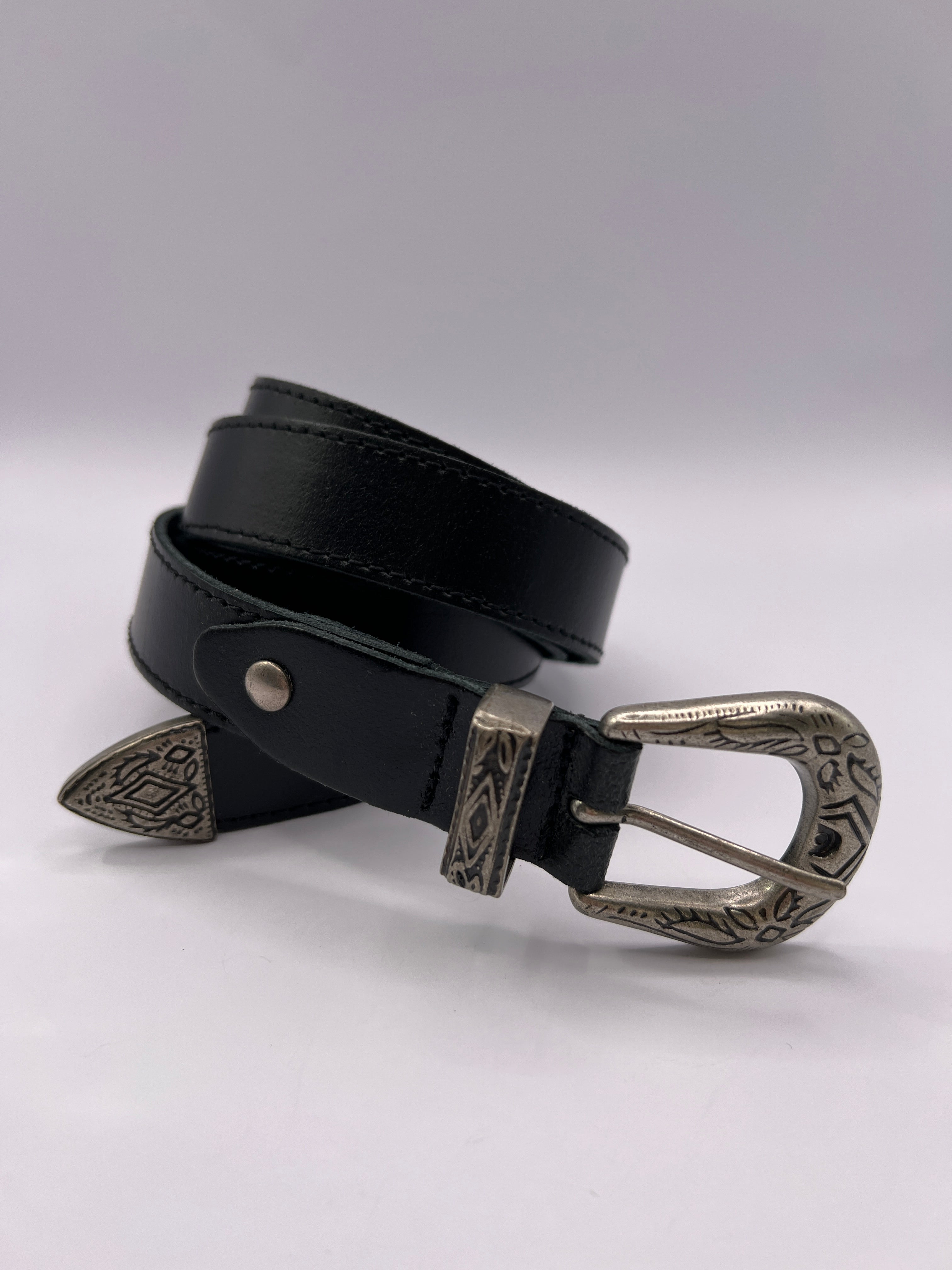 Cowboy Black Handmade Leather Belt with Silver Adornment BLONDISH