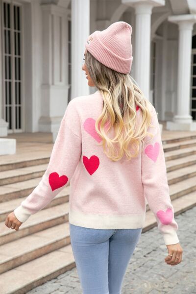 Heart Round Neck Droppped Shoulder Sweater Trendsi